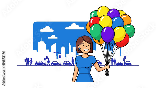 Cheerful Balloon Carrier: A vibrant illustration depicts a joyful individual holding a bouquet of colorful balloons against an urban backdrop, ready to bring happiness.