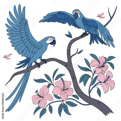 Two Blue Macaws Perched on a Branch with Pink Hibiscus Flowers parrot bird