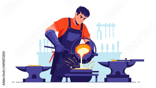 Forging the Future: An industrial craftsman, poised in the heat of the forge, pours molten metal with precision, a vibrant illustration of industrial artistry.