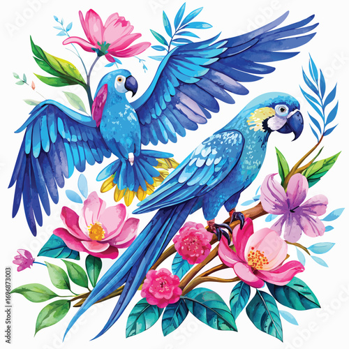 Two Blue Macaws with Pink Flowers and Green Leaves on White Background parrot bird
