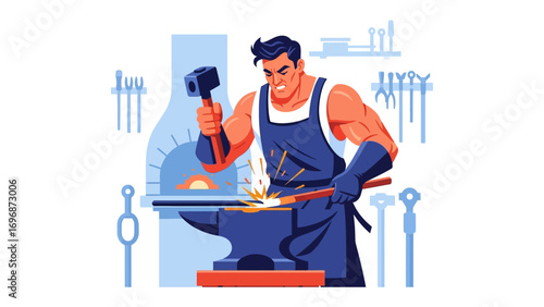 Artisan at the Anvil: A determined artisan is meticulously focused, shaping hot metal with precision and skill, illuminated by the forge's fiery glow. 