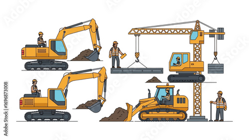 Construction Site Machinery: A collection of construction machinery working together for build something