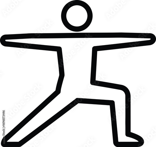 Simple line art figure in a dynamic warrior yoga pose, representing balance and strength.