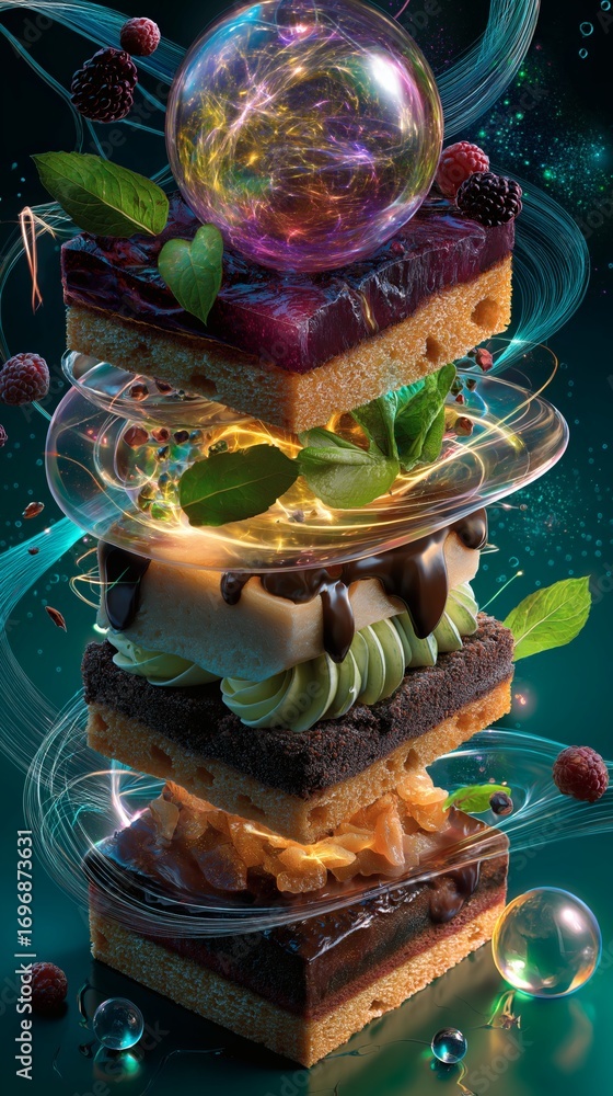Fototapeta premium A layered dessert tower with floating orbs and abstract energy lines.