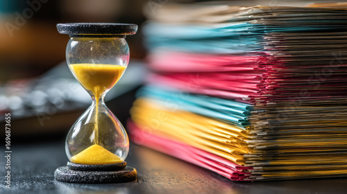 Hourglass sand timer deadline time management paperwork document office stack stress urgency finance account bill payment collection bureaucracy