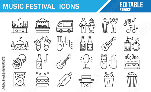 Editable stroke entertainment and music festival icon set
