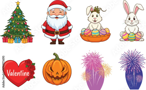 Holiday celebration icons, Santa Claus, Christmas tree, Easter bunnies, Halloween pumpkin, Valentine heart, fireworks illustration, festive cartoon design elements