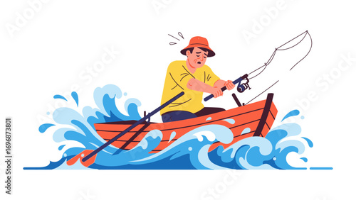 Unexpected Catch: An illustration of a fisherman caught in a storm, gripping his rod with wide eyes, his boat battling the turbulent sea.