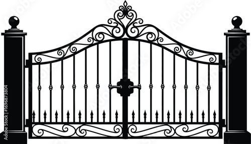 Ornate wrought iron gates stand as a grand entrance to an estate or property.