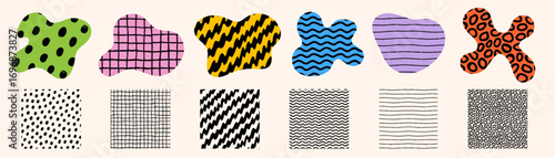 Abstract seamless pattern vector set with colorful blob shapes. Shapes and pattern vector in playful design. Perfect for wallpaper, fabric, wrapping, packaging, print. Drag to swatches panel to use.