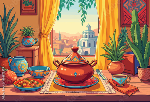 Moroccan tagine feast, cuisine, and scenery
