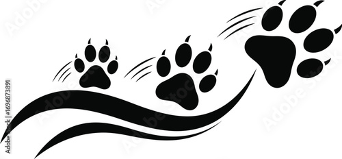 Dynamic paw prints in motion across a sweeping curve, symbolizing movement and nature.