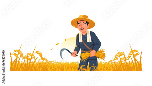 Harvesting: A farmer diligently harvests a golden field, sun rising in background