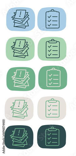 Mentale Gesundheit – Icon-Paar Überfordert ↔ Organisiert (Papierstapel & Checkliste), Farbvarianten – Minimal Flat Line Vector