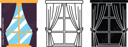 Window with drapes and blue sky view, presented in color, line art, and silhouette