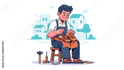 Artisan at Work: A skilled artisan meticulously crafting handmade leather shoes in a serene workshop setting, showcasing dedication and craftsmanship.