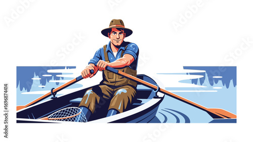 Man Rowing on Water: A skilled individual navigates the tranquil waters in a rowboat, propelling himself with rhythmic strokes. The scene captures the essence of tranquility.