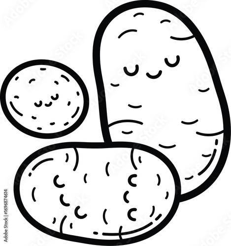 Three cheerful cartoon potatoes with happy faces, isolated on a white background.