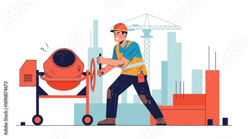 Construction worker with cement mixer: A dedicated construction worker expertly operates a cement mixer on a bustling construction site, highlighting the intricate process of building structures