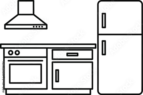 Simple line drawing of a modern kitchen appliance setup with oven and refrigerator