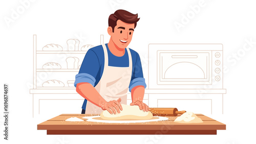 Baking with passion: A man is kneading dough on a wooden board, showcasing his love for baking in a warmly lit kitchen.