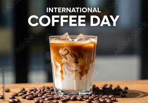International coffee day text on a glass of iced coffee with beans