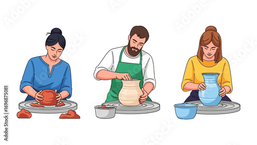 Pottery Artist: Capturing moments of art creation, a trio of skilled artisans immerse themselves in the craft of pottery making. With focus and precision, they shape the clay, expressing creativity.