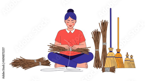 Crafting Tradition: A skilled artisan meticulously weaves natural broom, showcasing a moment of cultural heritage, the person is at center with all equipment around