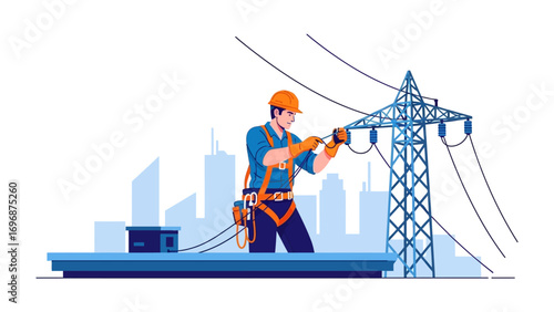 Electrician at Work: A skilled electrician, equipped with safety gear, meticulously works on power lines against a cityscape, emphasizing dedication and professional integrity.