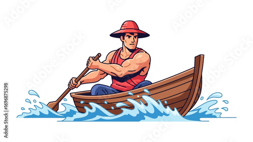 Man Rowing a Boat: A solitary man with determined gaze expertly maneuvers his wooden boat through a sea of aquamarine waves, showcasing strength and tranquility