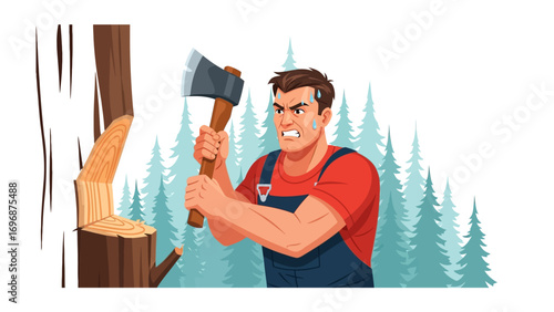 Lumberjack at Work: A strong, focused lumberjack, with determination, is depicted wielding an axe against the sturdy trunk of a tree, capturing the raw intensity of manual labor.