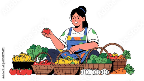 Fresh Harvest: A farmer, surrounded by a vibrant display of colorful produce, selects a ripe tomato, showcasing the abundance and freshness of a bountiful harvest.