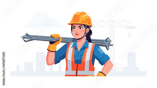 Woman Construction Worker with Steel: A determined female construction worker, adorned in safety attire, confidently carries steel bars with a determined gaze.