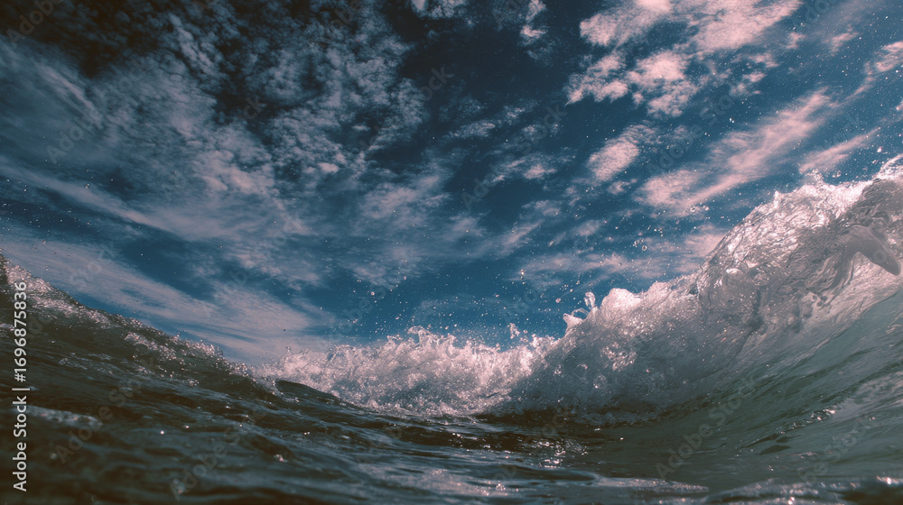 Obraz premium Dramatic ocean waves under a cloudy blue sky