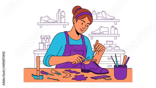 Crafting Elegance: A skilled artisan meticulously repairs a single shoe, showcasing the timeless craft of shoemaking in a brightly colored illustration.