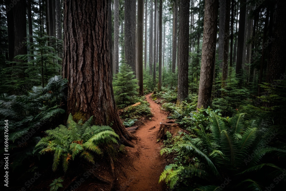 Obraz premium Explore a winding path through tall trees in a lush green forest during misty morning hours