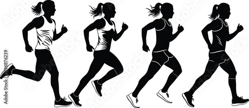 Silhouette running woman in multiple stride positions showing athletic movement, fitness training, and sports performance on white background vector illustration design
