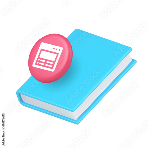 Book and browser icon for educational platforms and online learning interfaces. Represents study, research, knowledge, internet, and digital resources. Modern 3d icon realistic vector illustration.