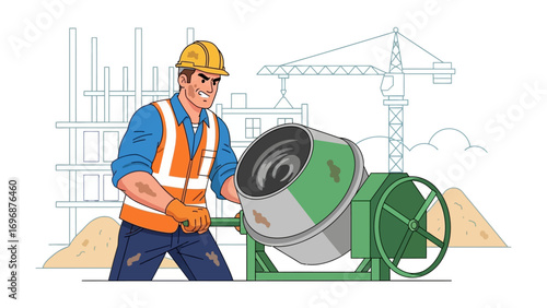 Construction Worker: A focused construction worker operates a cement mixer, set against a backdrop of a construction site, showcasing the heart of building.