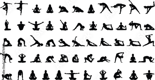 Silhouette yoga poses collection in black and white, diverse postures for fitness, meditation, flexibility, wellness, exercise, and mindfulness practice illustration
