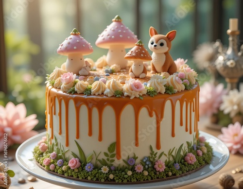 Whimsical woodland cake decorated with charming mushrooms and a cute forest creature, perfect for magical celebrations.