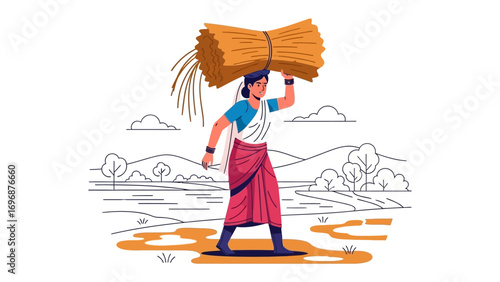 Rural Woman Carrying Hay: A woman in traditional attire, strong and resilient, gracefully balances a bundle of hay on her head as she traverses the rural landscape.