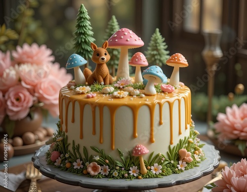 Whimsical woodland cake with fox and mushroom decorations, perfect for a magical celebration.
