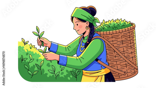 Tea Plucking Illustration: An artistic illustration captures a woman meticulously plucking tea leaves from vibrant green tea bushes, a basket of harvested leaves on her back.