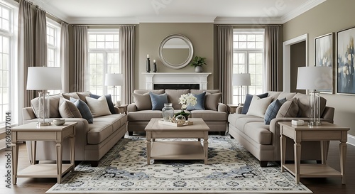 Sunlit Transitional Living Room Featuring a Harmonious Grey Palette and Symmetrical Design.