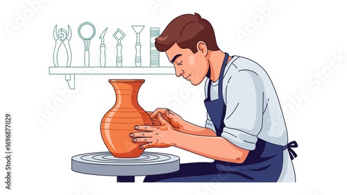 Artisan at Work: A dedicated artisan skillfully shapes clay on a potter's wheel, creating a vessel with precision and artistry. the process embodies the timeless craft of pottery.