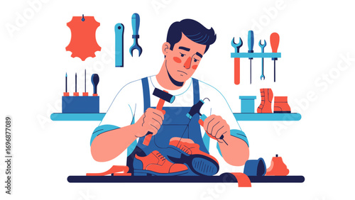 Artisan at Work: An illustrative portrayal of a skilled craftsman meticulously crafting footwear, surrounded by tools of his trade.