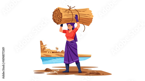 Woman Carrying Wood: An illustration shows a resilient woman diligently carrying a bundle of wood. The background showcases a coastal landscape, emphasizing the harmony between humanity and nature. 