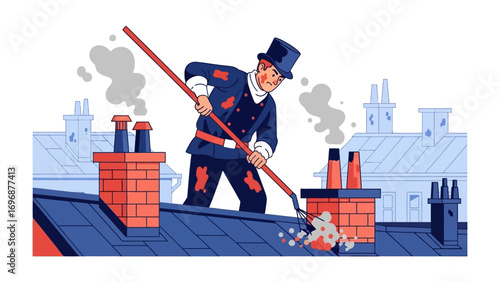 Chimney Sweep at Work: A meticulous chimney sweep, attired in his traditional outfit, diligently works to clear a chimney on a rooftop, amid a picturesque setting of rooftops and chimneys.