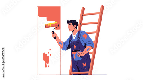 Painter at Work: A skilled painter, immersed in their craft, ascends a ladder to meticulously apply a fresh coat of paint to a wall. Demonstrating the dedication and precision of a trade.